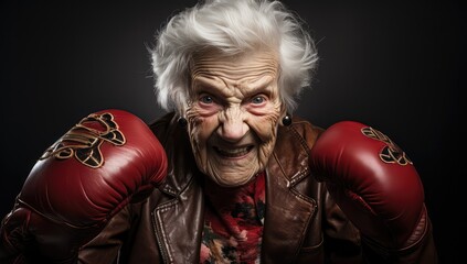 starsza babcia z radościa w rękawicach bokserskich chętna do boksowania,  - obrazy, fototapety, plakaty