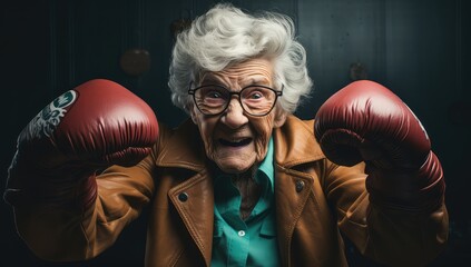 starsza babcia z radościa w rękawicach bokserskich chętna do boksowania,  - obrazy, fototapety, plakaty