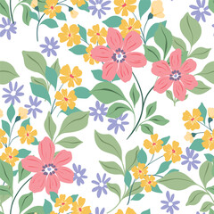 Seamless floral pattern, cute spring ditsy print in folk motif. Simple botanical design of hand drawn plants: small wild flowers branches, green leaves, blooming buds on white. Vector flower pattern.