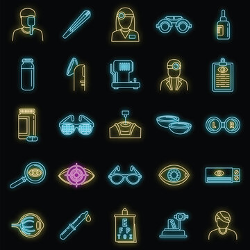 Medical eye examination icons set. Outline set of medical eye examination vector icons neon color on black