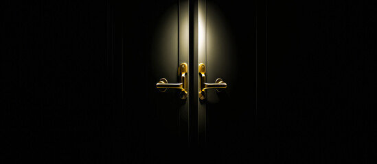 Mystery black door. Ornate gold door handle. copy space
