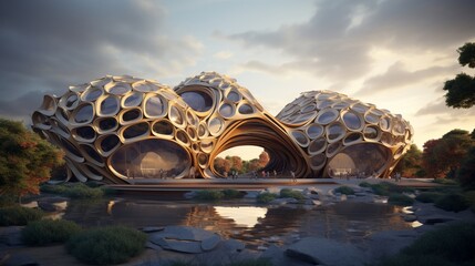 An AI-driven architectural visualization of a parametrically designed building, showcasing the intricate patterns and forms achievable through AI algorithms. - obrazy, fototapety, plakaty