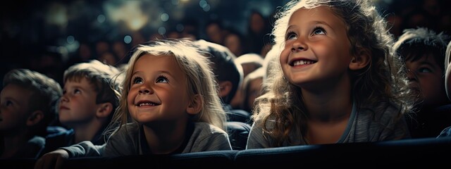 uśmiechnięte dzieci siedzące w kinie na fotelach z wielkimi uśmiechami i wielką radością - obrazy, fototapety, plakaty