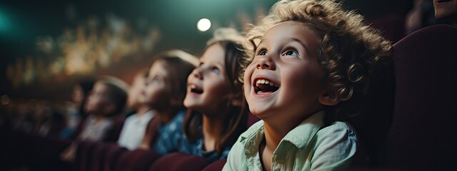 uśmiechnięte dzieci siedzące w kinie na fotelach z wielkimi uśmiechami i wielką radością