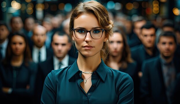 pani pracy w marynarce i koszuli z okularami i ładnie zaczesanymi włosami przed tłumem pracownik&oacute;w