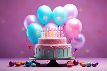 wielki tort urodzinowy z kolorowymi balonami i różowy tłem - obrazy, fototapety, plakaty