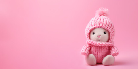 Knitted handmade pink rabbit on a pink background with copy space.