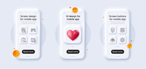 Fototapeta na wymiar Quick tips, Ethics and Account line icons pack. 3d phone mockups with heart. Glass smartphone screen. Web3, Analytics graph, Timer web icon. Face biometrics, Social distancing pictogram. Vector