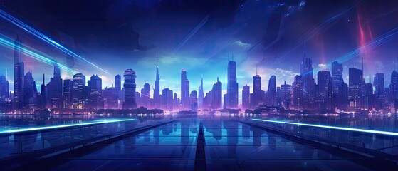 Futuristic urban landscape at night with neon lights and holographic displays