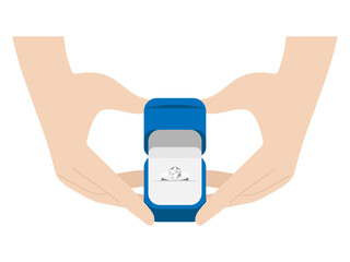 青と白のケースのプロポーズリングとそれを差し出す手