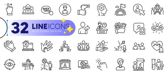 Outline set of Microphone, Recruitment and Refer friend line icons for web with Clapping hands, Video conference, Painter thin icon. Communication, Eye target, Fraud pictogram icon. Vector