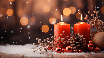 Winter christmas candle with snow and copy space created by ai