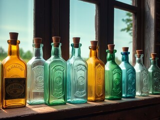 Vintage Delights Charming Glass Bottle Collection for Home Decor. AI Generated.