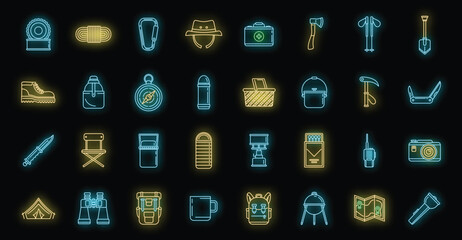 Hiking mountain icons set. Outline set of hiking mountain vector icons neon color on black