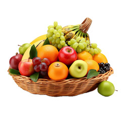 Naklejka na ściany i meble a basket of fruit, bananas, apples, pears, grapes, oranges, and Pineapples in a side view, isolated and transparent PNG in a Fruit basket-themed, photorealistic illustration. Generative ai