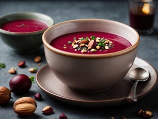 Beetroot soup with a protein shot of nuts and seeds