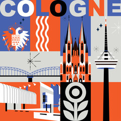 Typography word “Cologne” branding technology concept. Collection of flat vector web icons. Culture travel set, famous architectures, specialties detailed silhouette. German famous landmark