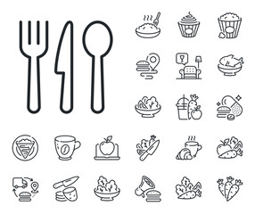 Cutlery sign. Crepe, sweet popcorn and salad outline icons. Food line icon. Fork, knife, spoon symbol. Food line sign. Pasta spaghetti, fresh juice icon. Supply chain. Vector