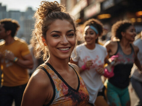 Fotografia exterior de chica haciendo deporte en la calle en una carrera o competici&oacute;n urbana