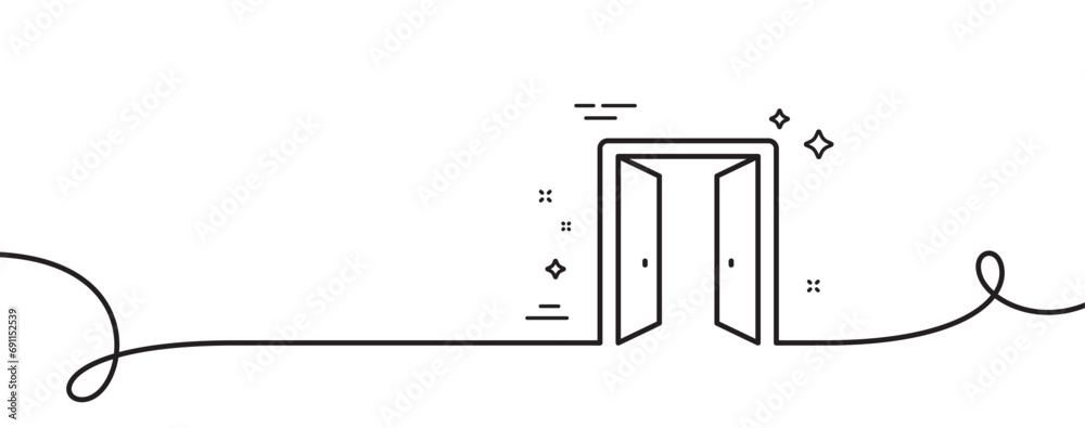 Poster open door line icon. continuous one line with curl. entrance doorway sign. building exit symbol. ope