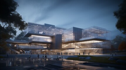 Obraz premium A detailed AI-driven architectural visualization of a state-of-the-art research facility, illustrating how AI enhances scientific discovery.