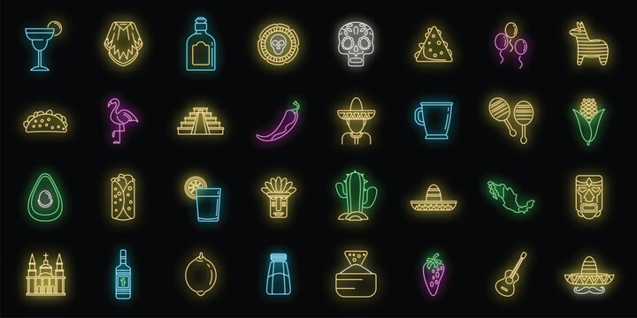 Mexico fiesta icons set. Outline set of Mexico fiesta vector icons neon color on black