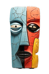  a vertical Tribal mask, colorful and carved, abstract, front view, PNG, ancient culture-themed, isolated, and transparent photorealistic illustration. Generative ai