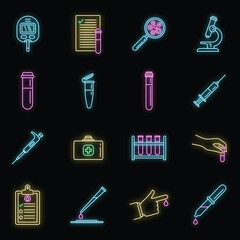 Medical blood test icons set. Outline set of medical blood test vector icons neon color on black