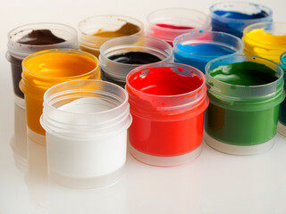 Artistic paints for drawing, gouache acrylic paints for painting, teaching drawing close-up,...