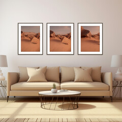 a couch in front of a wall, on the wall three frames in realistic