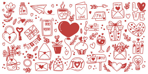 Hand drawn big set of elements for Valentine's day, birthday, wedding. Outline icons on theme of love, romance, February 14 in  doodle style. For banner, card, cover, poster, wallpaper, packaging - obrazy, fototapety, plakaty