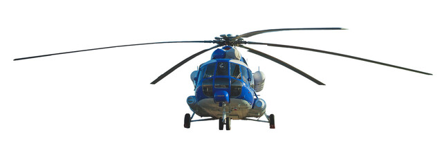 A blue helicopter standing in a parking lot on a transparent and white background. Side view.