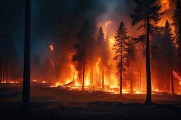 fire in the forest. a fire burning in the middle of a forest, thunder storm and forest on fire