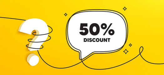 50 percent discount tag. Continuous line chat banner. Sale offer price sign. Special offer symbol. Discount speech bubble message. Wrapped 3d question icon. Vector