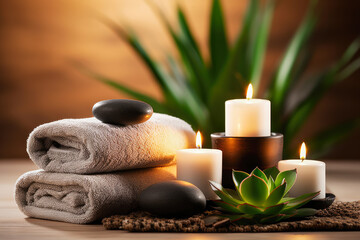 Tranquil spa setting with towels rolled up, candles and smooth river stones.