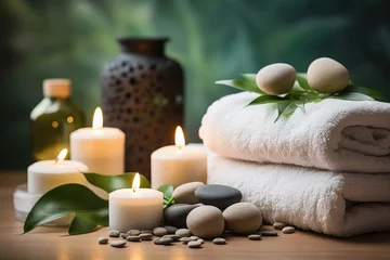 Fotobehang Tranquil spa setting with towels rolled up, candles and smooth river stones. © julijadmi