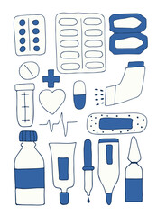 Obraz premium Collection of medical tools isolated on white background. Doodle. All items are separated. Vector illustration