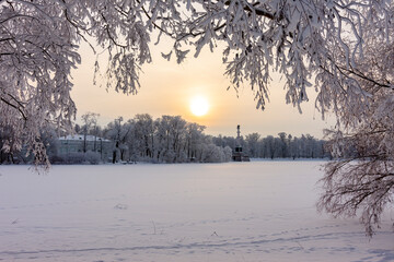 Winter sunset in Catherine park, Tsarskoe Selo (Pushkin), Saint Petersburg, Russia
