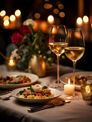 Romantic dinner table with two glasses of wine and food, blurry lights background and candle light