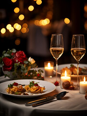 Romantic dinner table with two glasses of champagne and food, blurry lights background and candle light