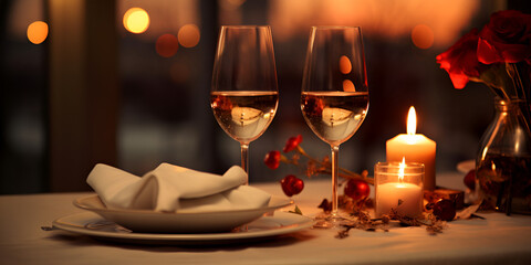 Romantic dinner table with two glasses of wine and food, blurry lights background and candle light