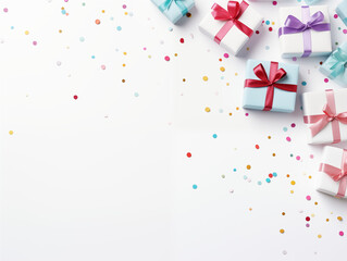 Colorful Christmas or birthday presents. Birthday card concept. Copy Space.