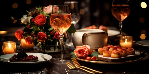 Romantic dinner table with wine glass and food, blurry lights background and candle light