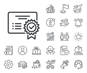 Verified document sign. Salaryman, gender equality and alert bell outline icons. Certificate line icon. Accepted or confirmed symbol. Certificate line sign. Spy or profile placeholder icon. Vector