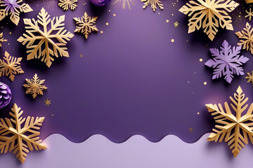 Christmas background - gold festive 3d snowflakes and buzzers at the purple background,copy space.