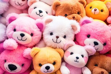 Close-up of cute colorful stuffed animals.