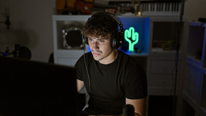 Young, handsome hispanic man streamer immersed in virtual gaming, playing intense video game on computer in dark gaming room at home