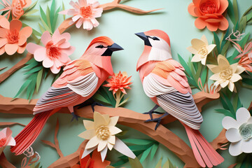 Crafted paper art birds on branch,with vivid tones, stylized paper flowers and leaves on pastel background.National Bird Day. For greeting card, website scontent for arts,crafts workshops.