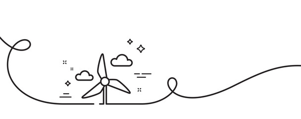 Windmill turbine line icon. Continuous one line with curl. Wind power energy sign. Alternative supply symbol. Windmill turbine single outline ribbon. Loop curve pattern. Vector