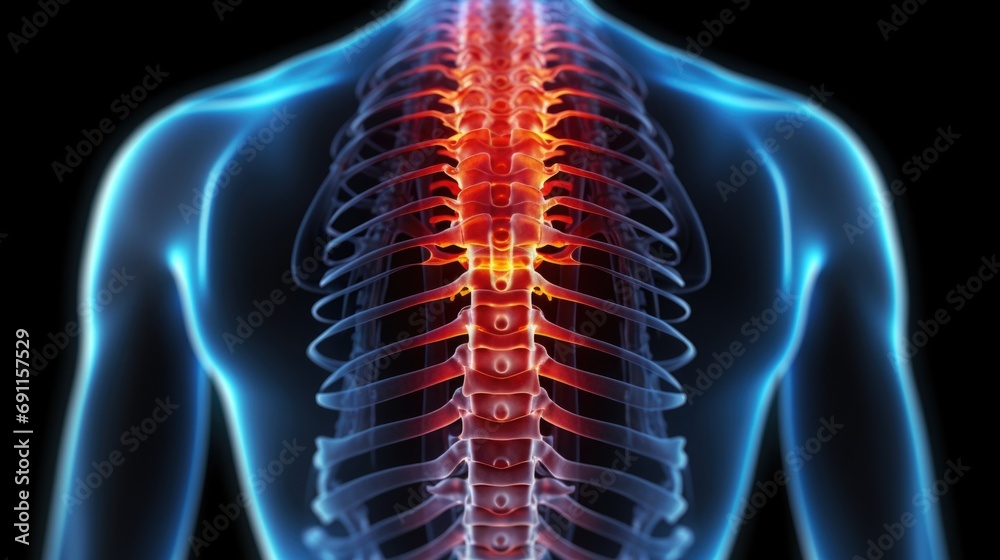 Poster a picture of a man's back with a highlighted spine. this image can be used for medical or anatomical